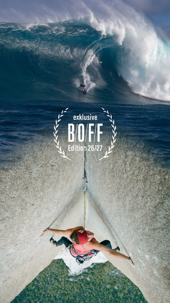 Oben reitet ein Surfer auf einer riesigen Welle, während unten ein Kletterer eine steile Felswand erklimmt. Der Text „exklusive BOFF Edition 26/27“ ist zwischen den beiden Szenen zentriert.